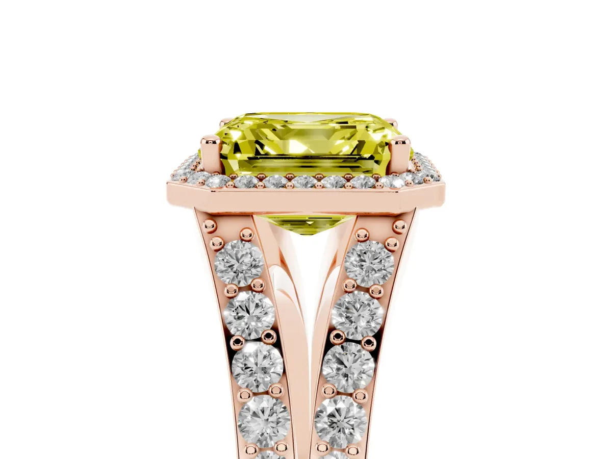 Fancy Yellow Asscher Cut Diamond Split Shank Halo Ring with Four-Prong Setting Rose gold