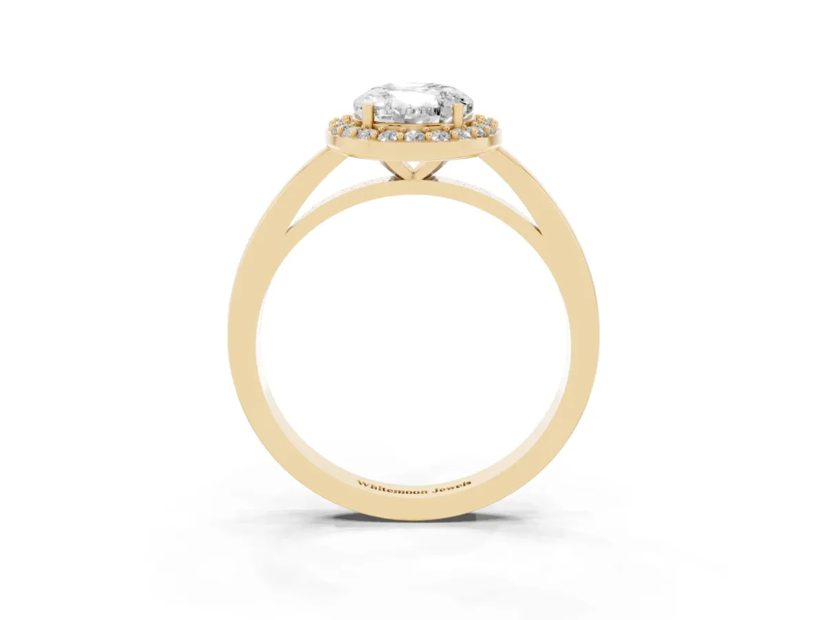 Oval Cut Halo Diamond Ring with Solitaire Band and Prong Setting Yellow gold