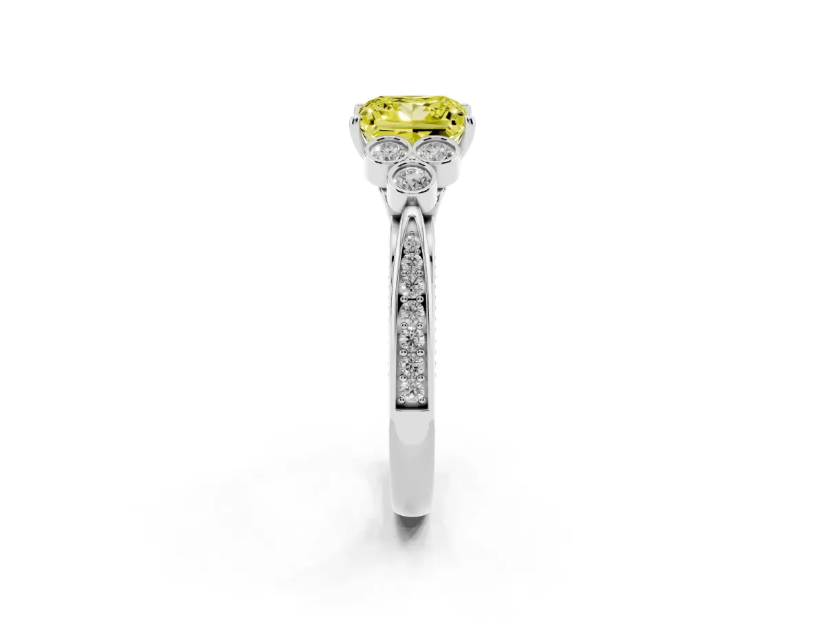 Fancy Yellow Princess Cut Cut Diamond Engagement Ring with Bezel Set Round Side Stones and Prong Setting Silver