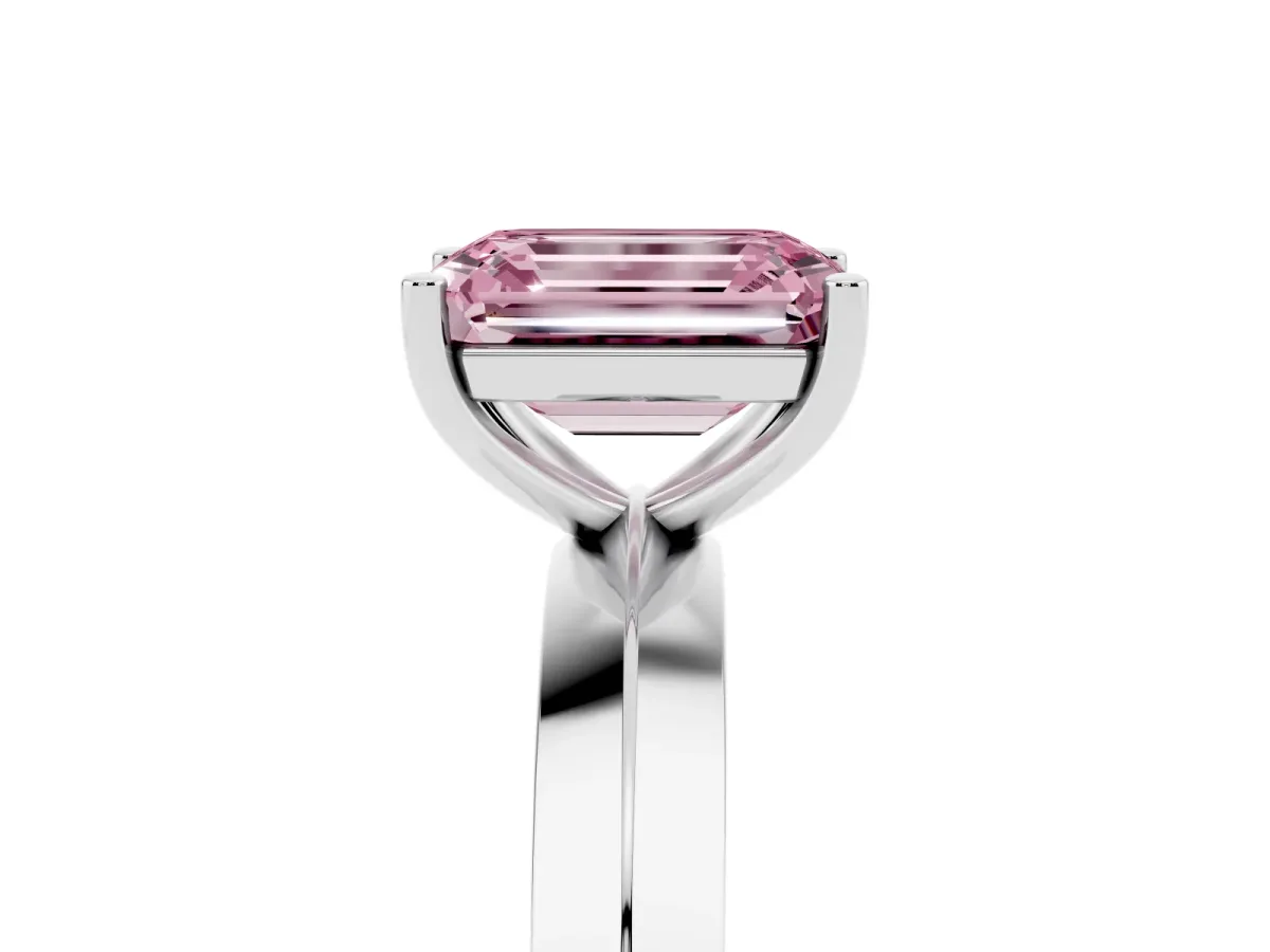 Fancy Pink Emerald Cut Cut Solitaire Engagement Ring with Flat Band and Four-Prong Setting Platinum