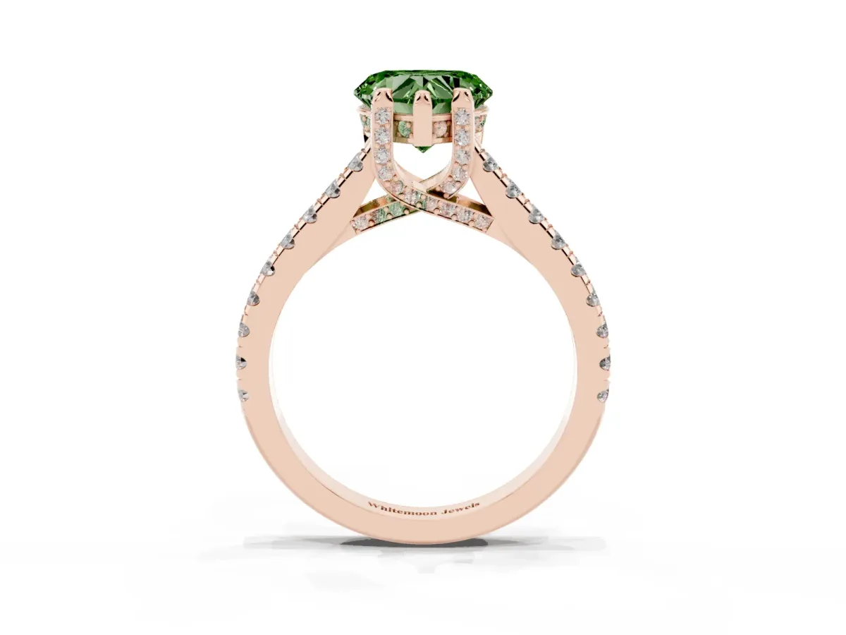 Fancy Green Heart Cut Brilliant Diamond Solitaire with Pavé Band and Four-Prong Setting Rose gold