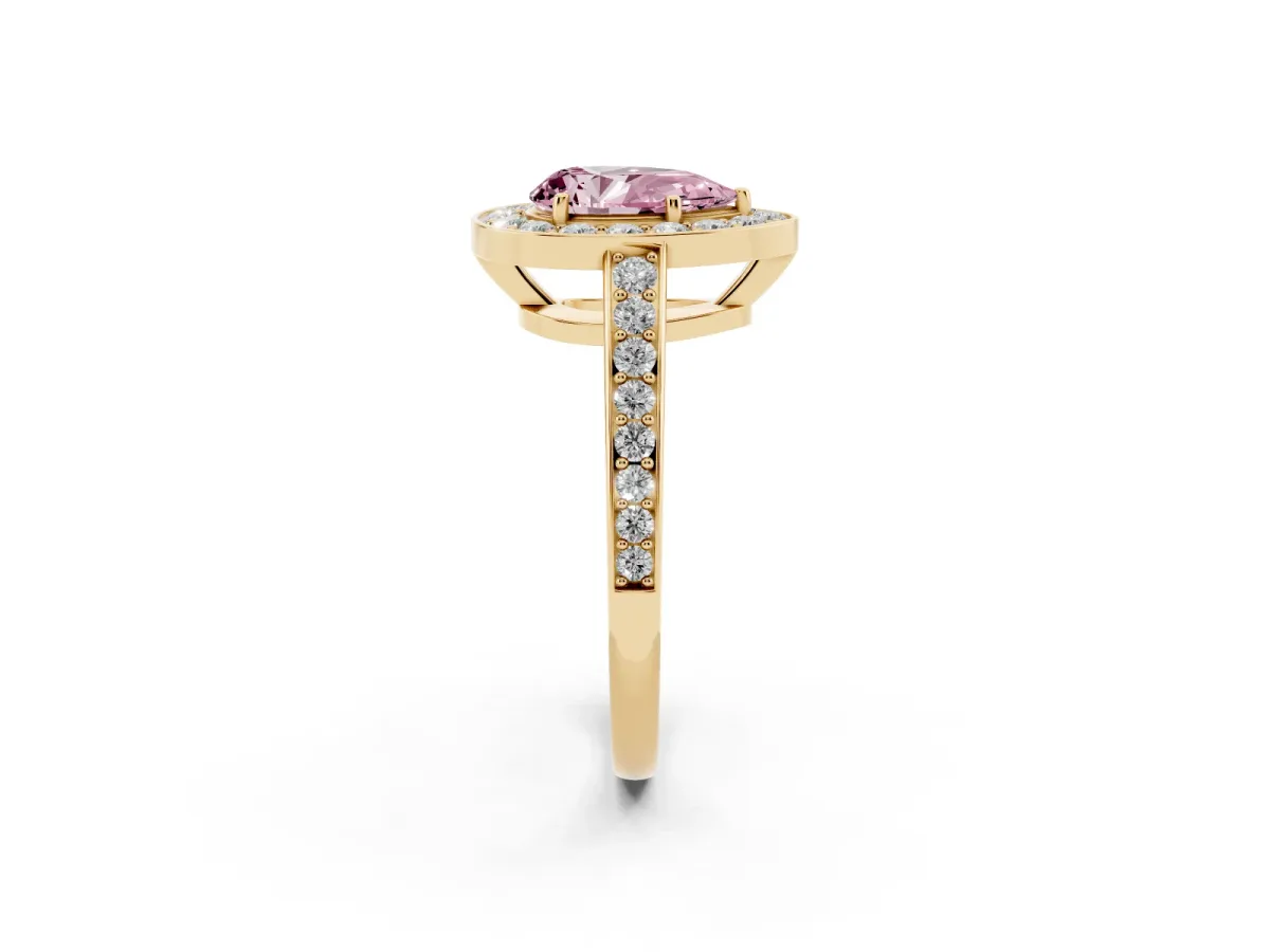 Fancy Pink Pear Cut Halo Pavé Diamond Engagement Ring with Bezel Setting Yellow gold