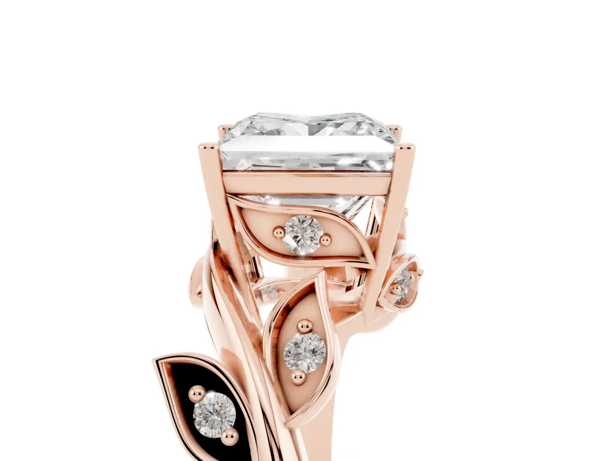 Princess Cut Solitaire Twist Engagement Ring with Leaf Accents and Prong Setting Rose gold