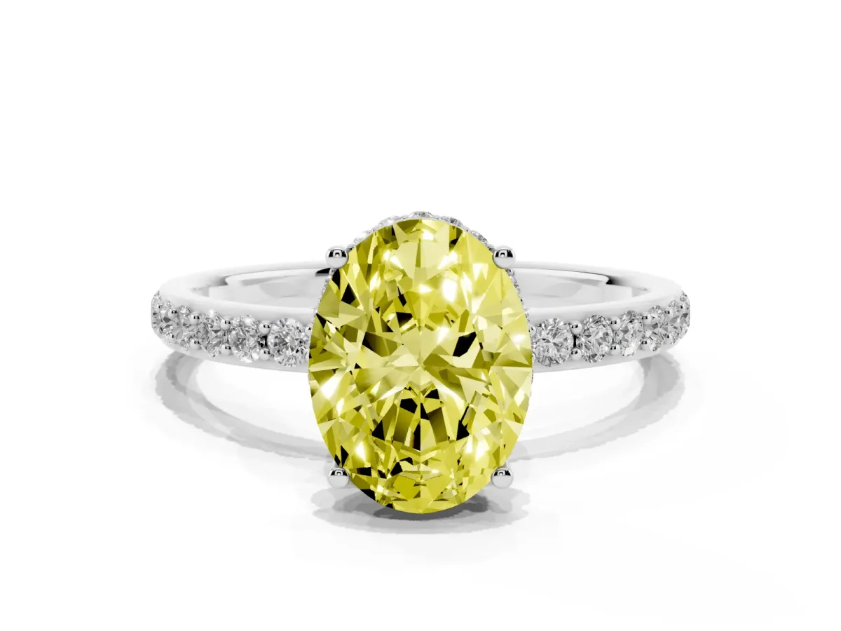 Fancy Yellow Oval Cut Diamond Solitaire Ring with Pavé Band and Hidden Halo Silver