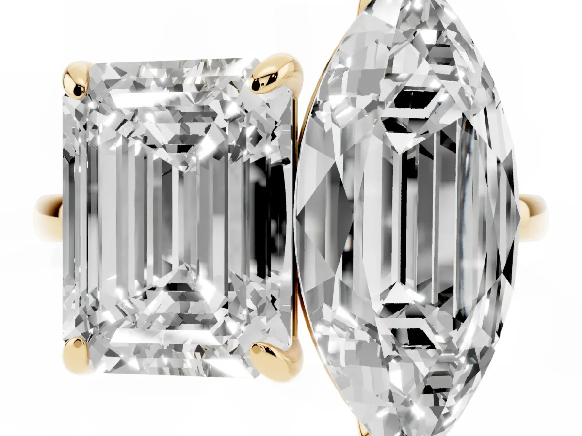 Emerald and Marquise Toi Moi Ring with Prong Setting and Plain Band Yellow gold