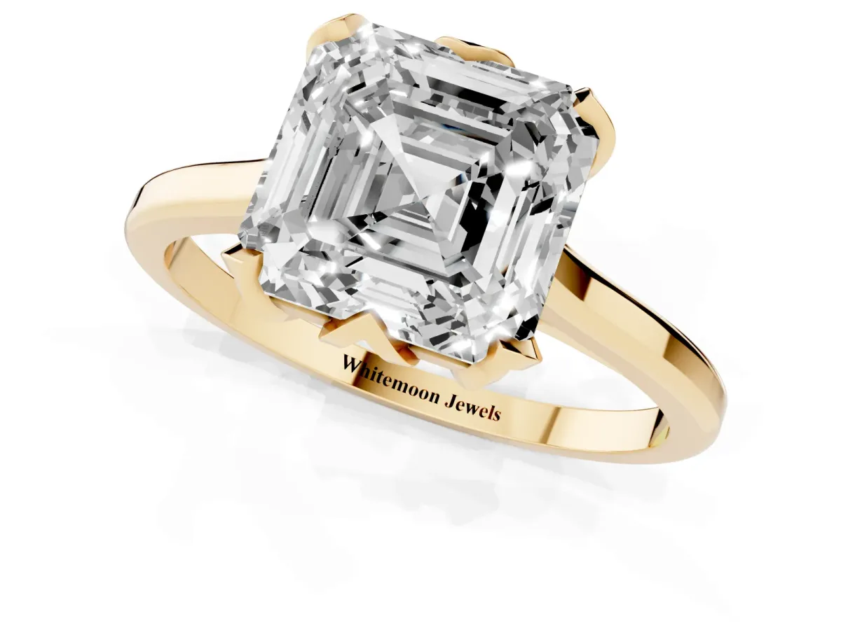 Asscher Cut Diamond Solitaire Ring with Flower Prong Setting and Classic Band Yellow gold