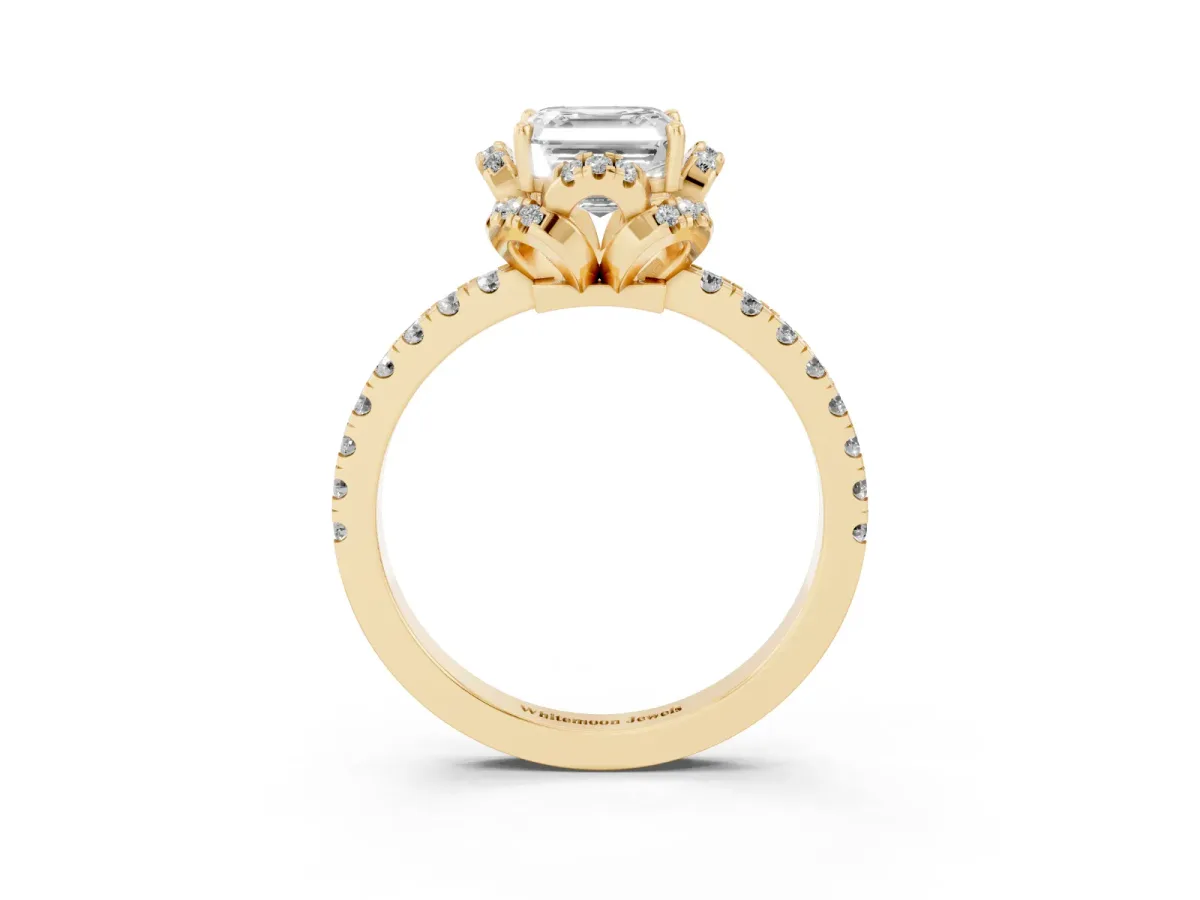 Asscher Cut Diamond Halo Pave Band with Four-Prong Setting Yellow gold