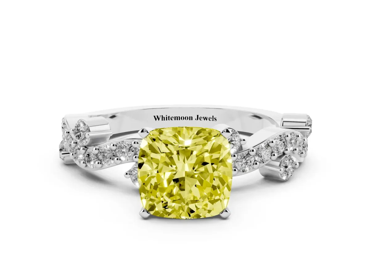 Fancy Yellow Cushion Cut Cut Solitaire Diamond Twisted Band with Pave Setting Silver