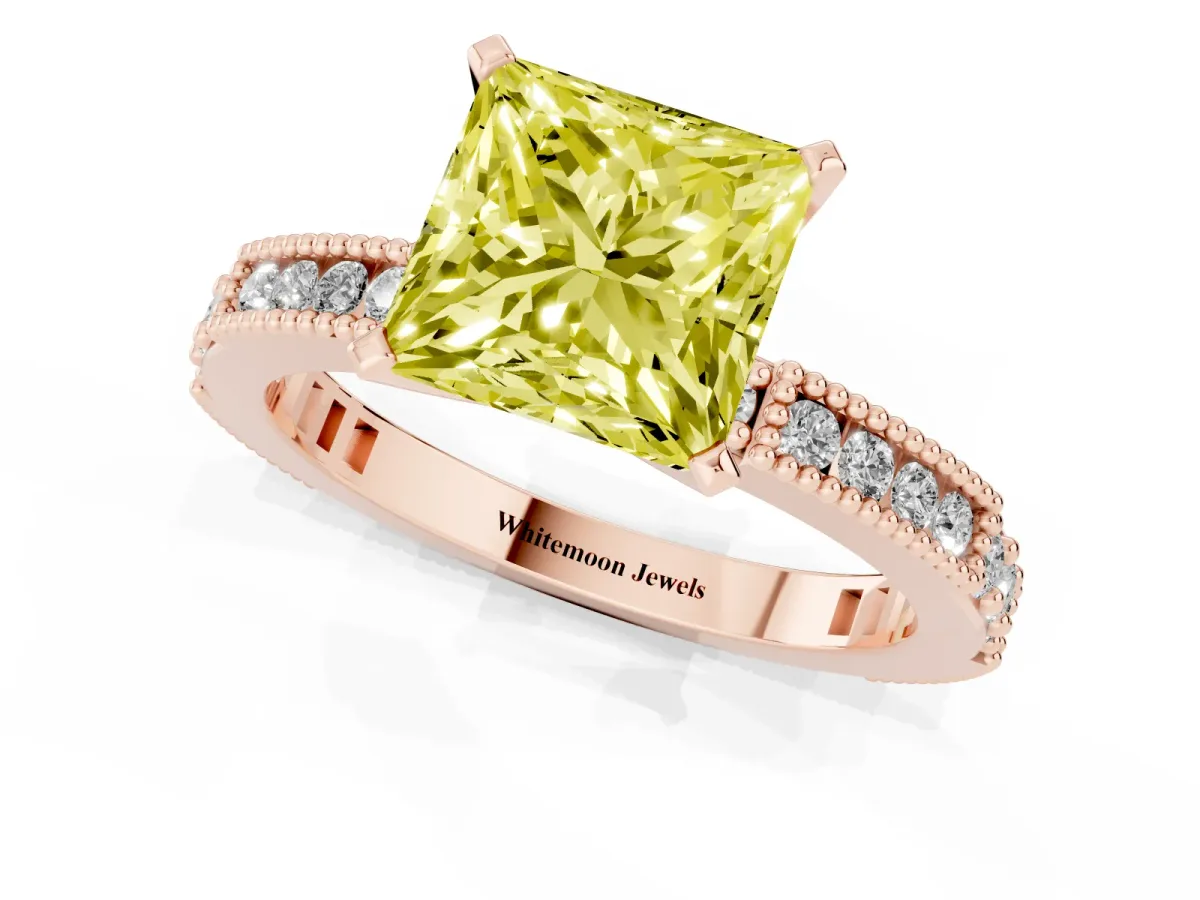 Fancy Yellow Princess Cut Solitaire with Pavé Band and Four-Prong Setting Rose gold