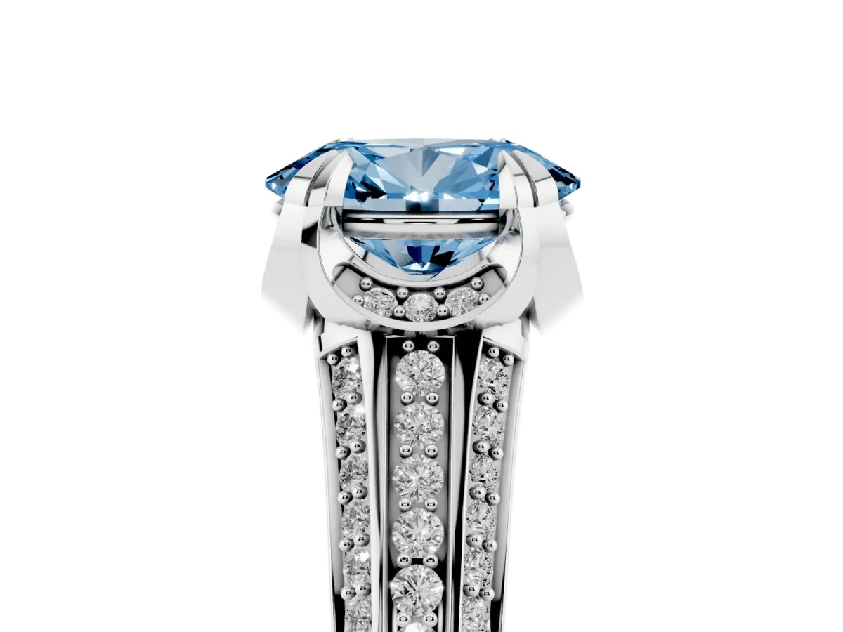 Fancy Blue Oval Cut Solitaire Pave Split Shank Ring with Four-Prong Setting White gold