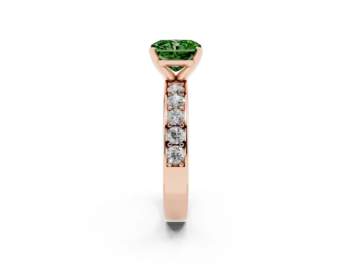 Fancy Green Radiant Cut Diamond Engagement Ring with Channel Set Round Band and Prong Setting Rose gold