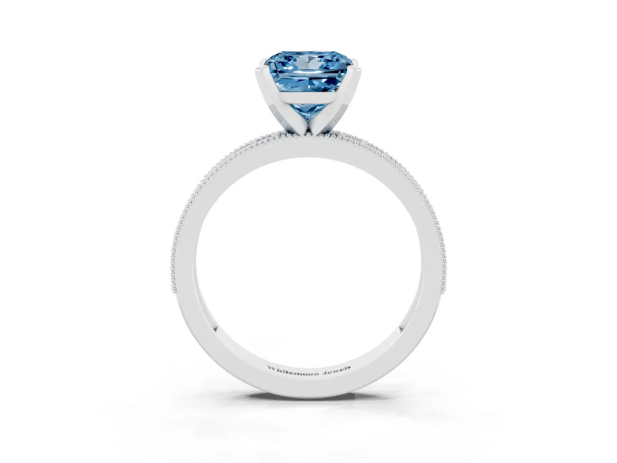 Fancy Blue Princess Cut Diamond Milgrain Pavé Engagement Ring with Four-Prong Setting Silver