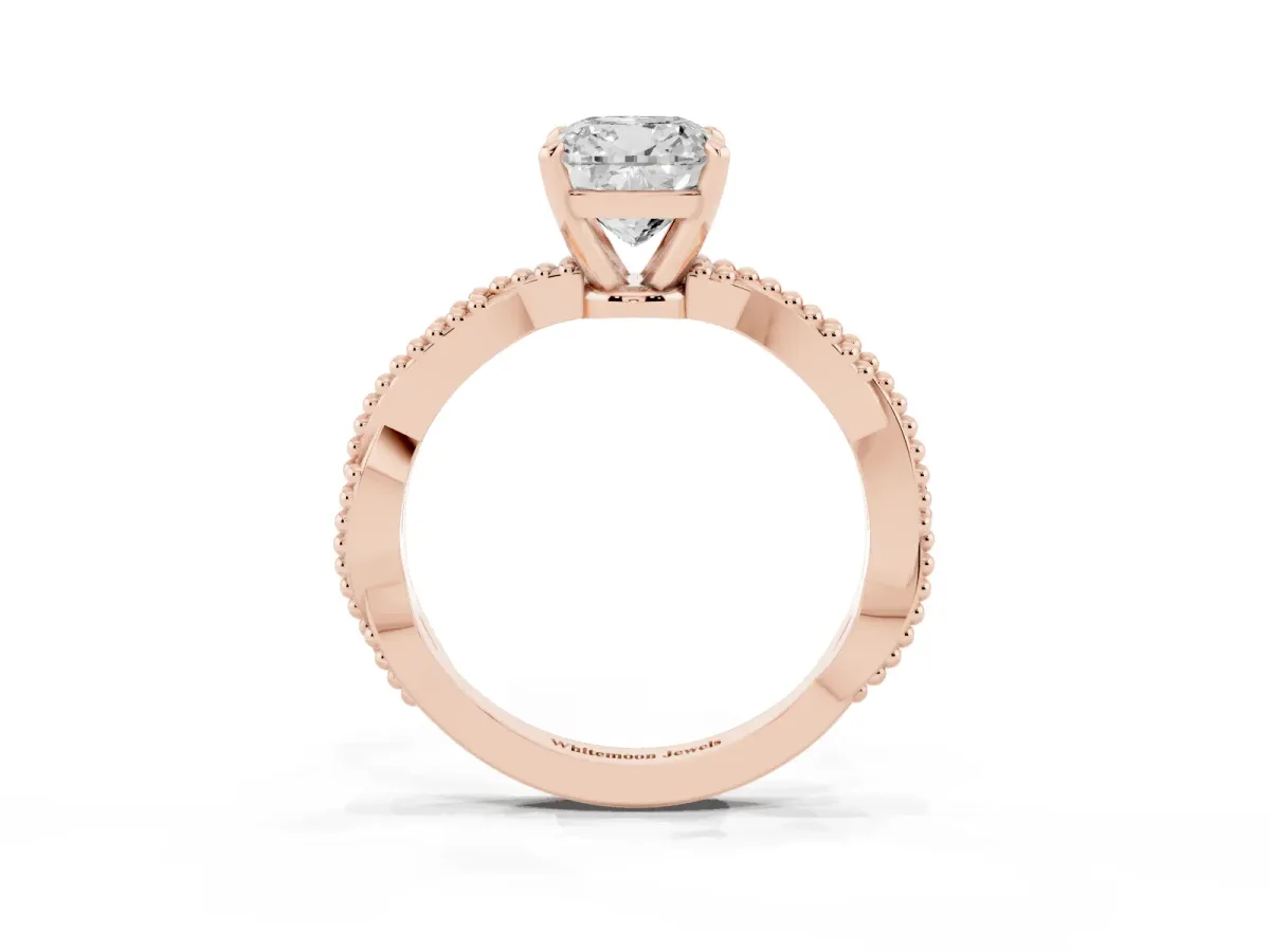 Cushion Cut Solitaire Twisted Band with Bead Prong Setting Rose gold