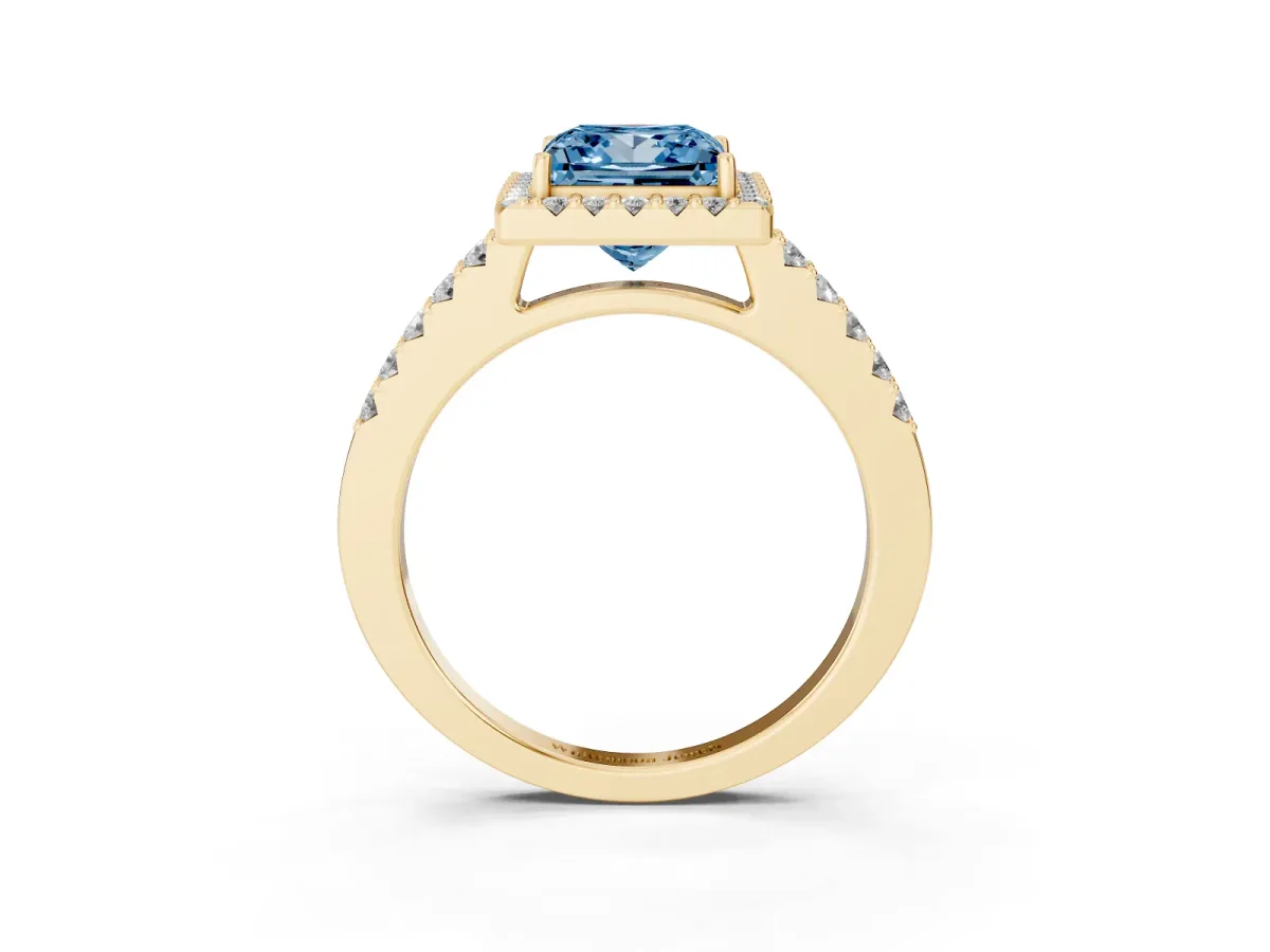 Fancy Blue Princess Cut Halo Diamond Pavé Solitaire Ring Yellow gold