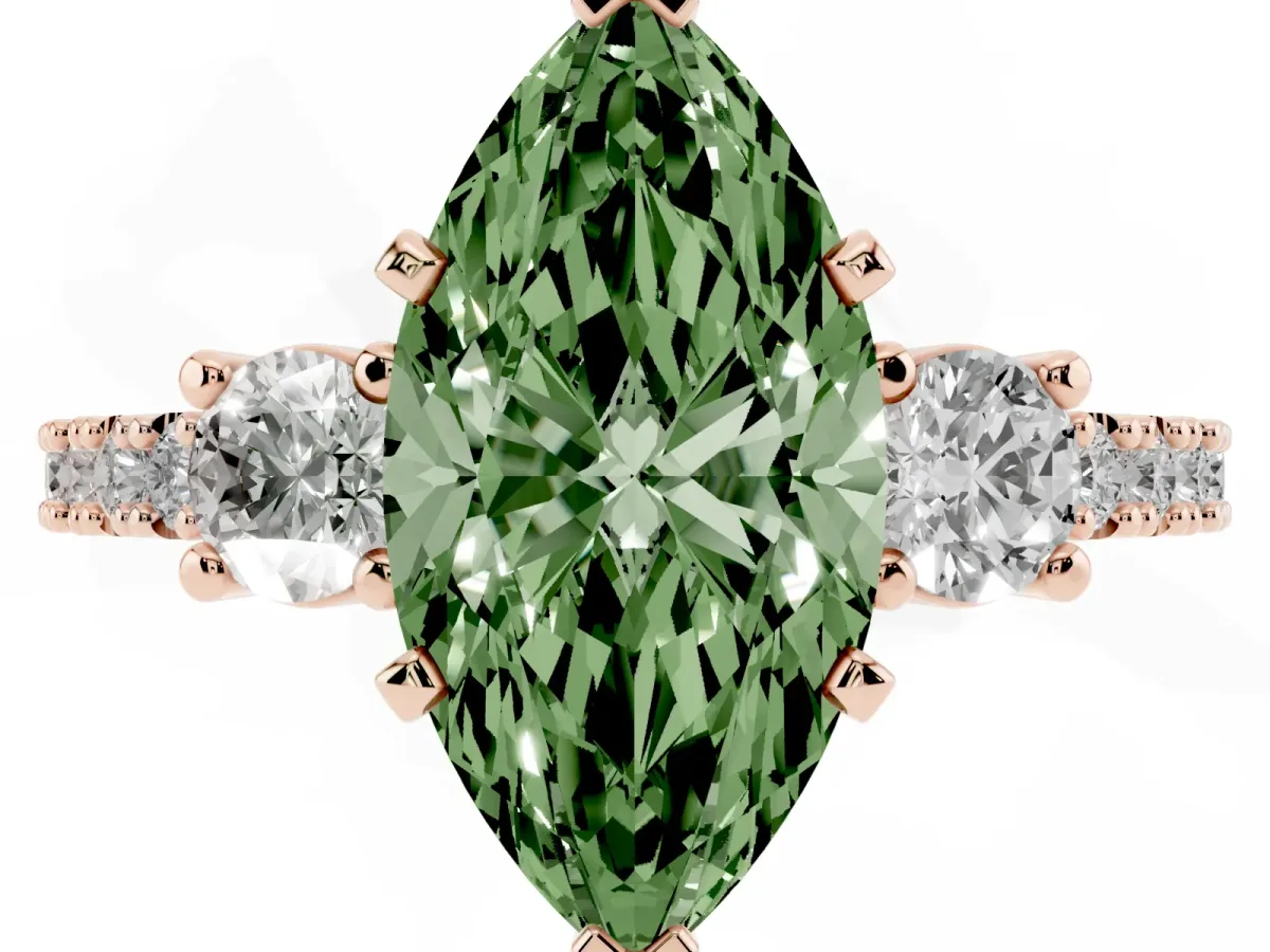 Fancy Green Marquise Cut Three-Stone Diamond Pavé Band with Prong Setting Rose gold