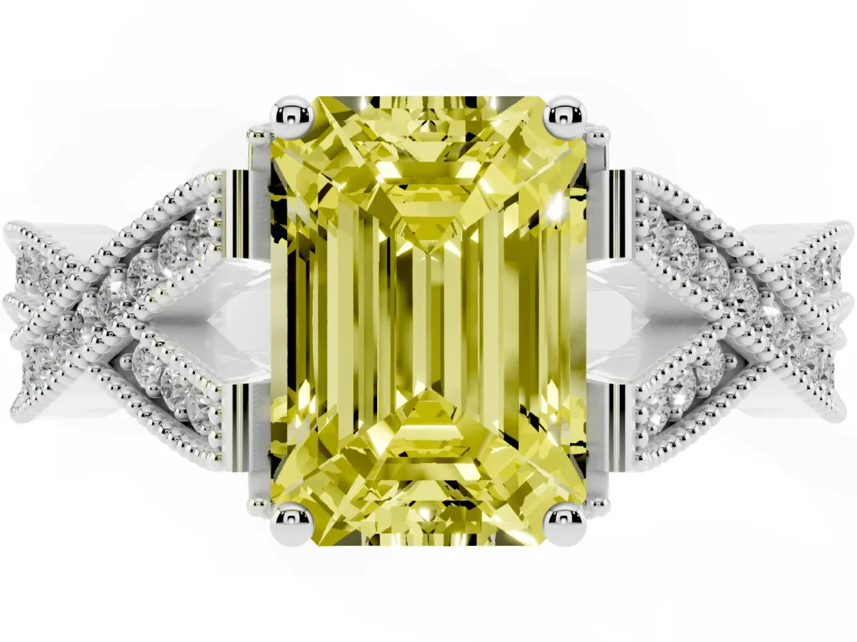 Fancy Yellow Emerald Cut Cut Diamond Twisted Band with Milgrain Pave Setting and Four-Prong Setting Silver