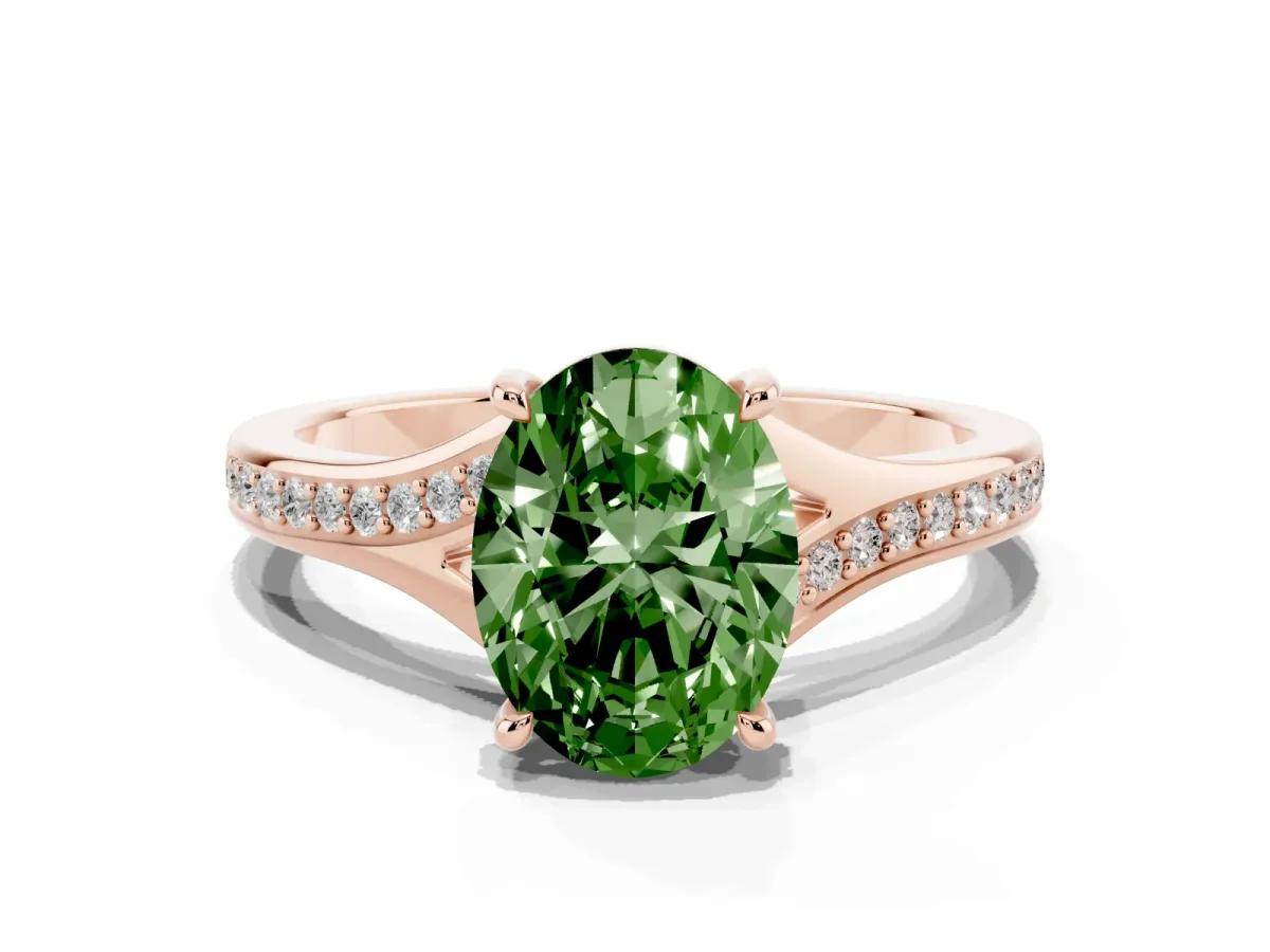 Fancy Green Oval Cut Diamond Solitaire Ring with Pavé Band and Prong Setting Rose gold