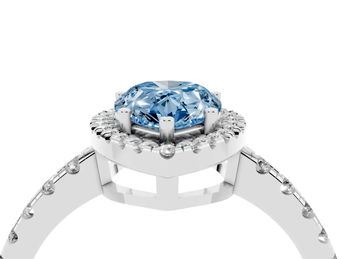 Fancy Blue Pear Cut Diamond Halo Ring with Pavé Band and Four-Prong Setting White gold