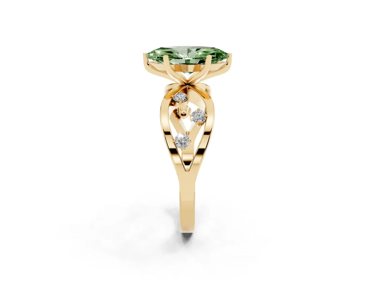 Fancy Green Marquise Cut Cut Solitaire Diamond with Side Stones on Criss-Cross Band and Four-Prong Setting Yellow gold