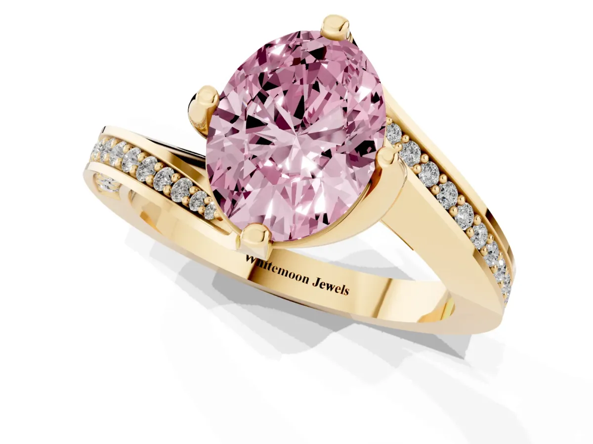 Fancy Pink Oval Cut Solitaire Diamond Twist Band with Pavé Setting and Four-Prong Setting Yellow gold