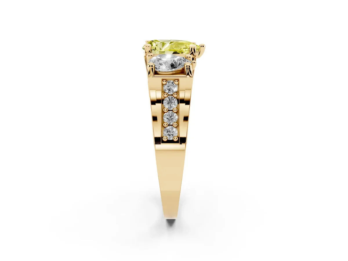 Fancy Yellow Pear Cut Diamond Three-Stone Ring with Channel Set Band and Four-Prong Setting Yellow gold
