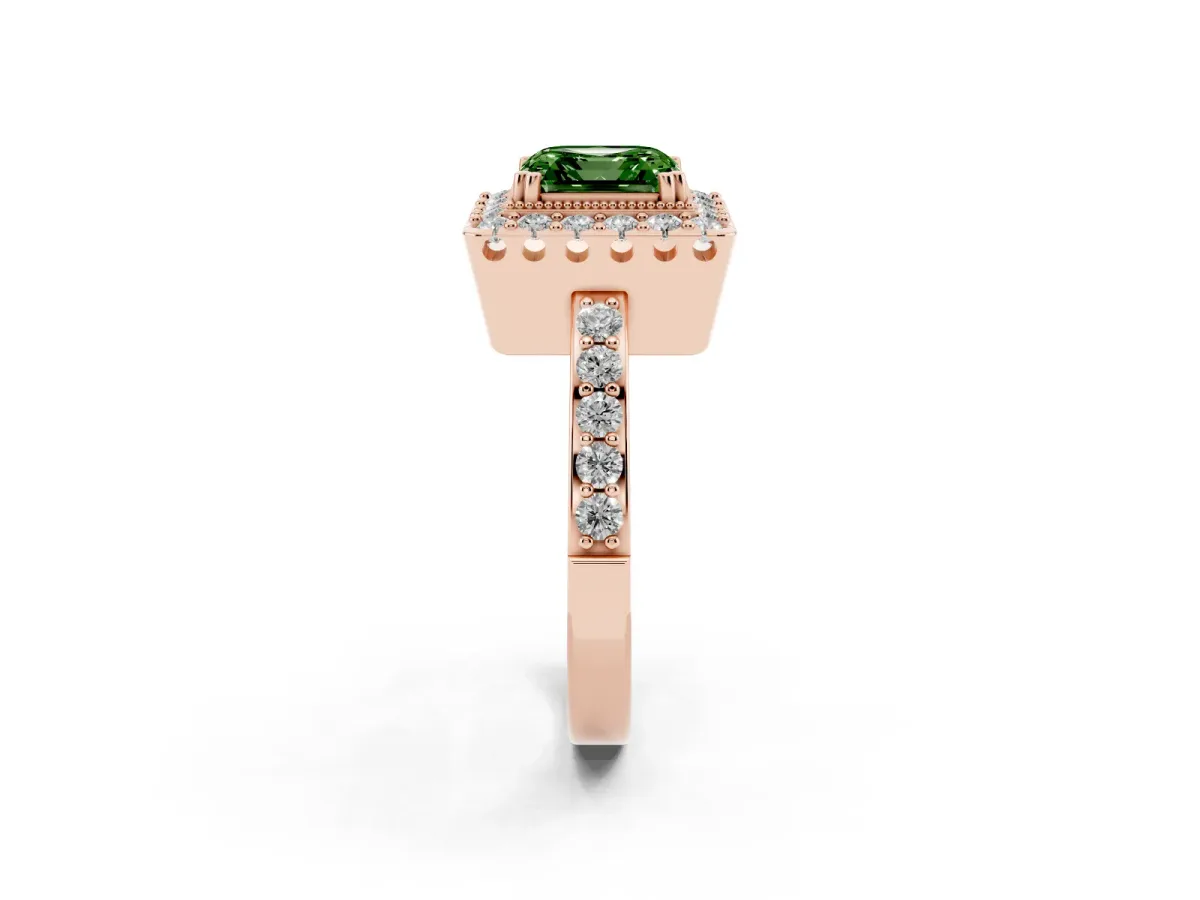 Fancy Green Asscher Cut Diamond Halo Ring with Pavé Band and Prong Setting Rose gold