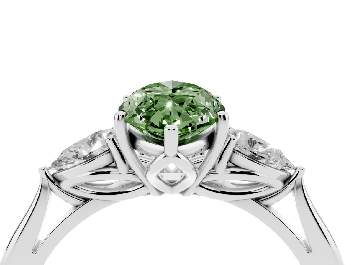 Fancy Green Three-Stone Marquise Cut Diamond Ring with Pear Side Stones in Four-Prong Setting Silver