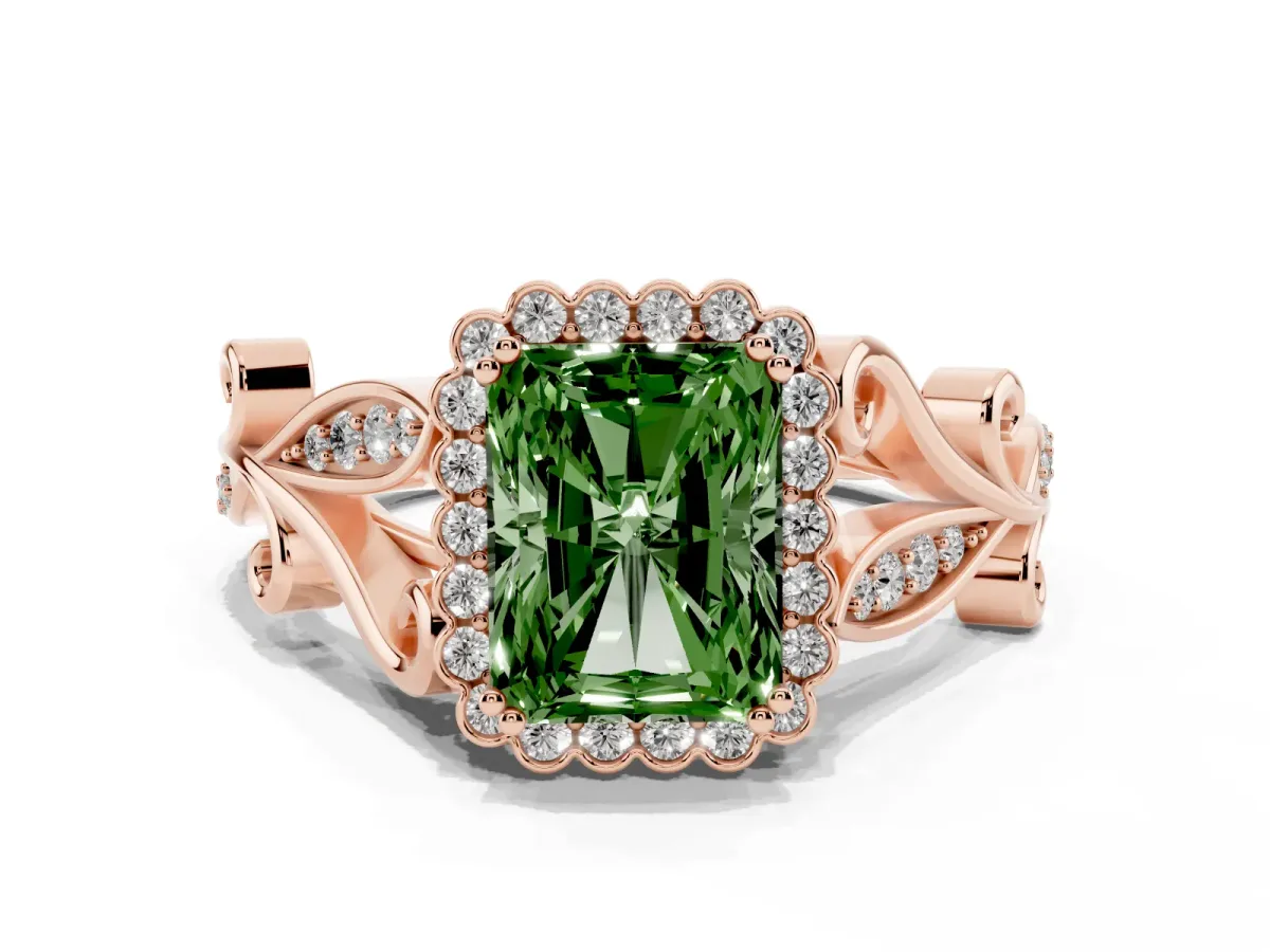 Fancy Green Radiant Cut Diamond Halo Ring with Vintage Split Shank and Four-Prong Setting Rose gold