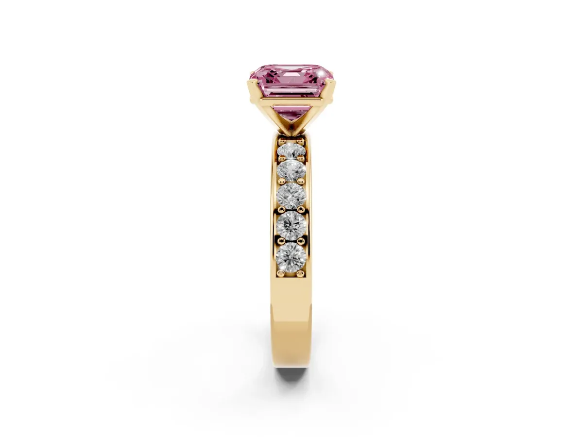 Fancy Pink Asscher Cut Diamond Engagement Ring with Channel Set Round Band and Prong Setting Yellow gold