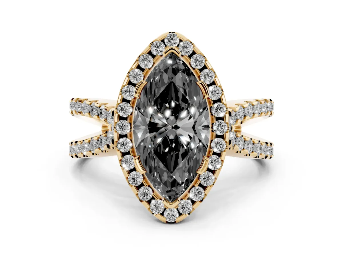 Fancy Black Marquise Cut Diamond Halo Ring with Split Shank Pavé Band and Prong Setting Yellow gold