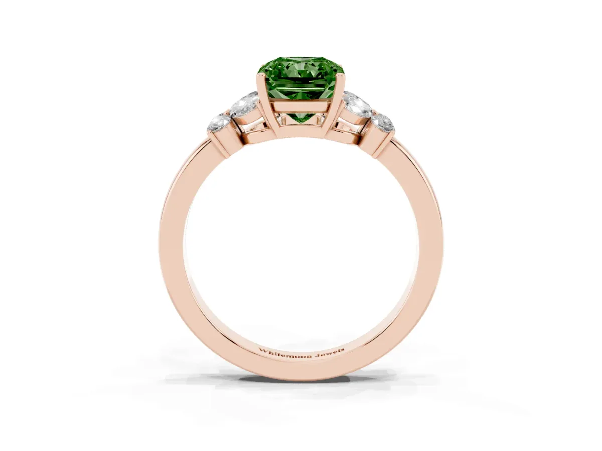 Fancy Green Radiant Cut Cut Solitaire Floral Diamond Ring with Four-Prong Setting Rose gold