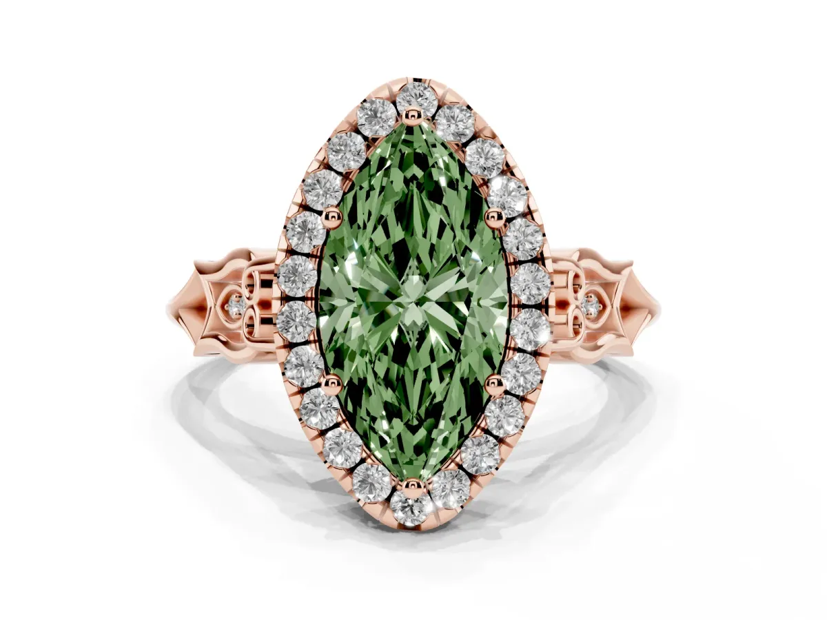 Fancy Green Marquise Cut Halo Diamond Engagement Ring with Filigree Band and Four-Prong Setting Rose gold