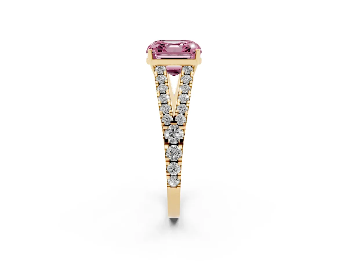 Fancy Pink Asscher Cut Diamond Split Shank Pavé Engagement Ring with Four-Prong Setting Yellow gold