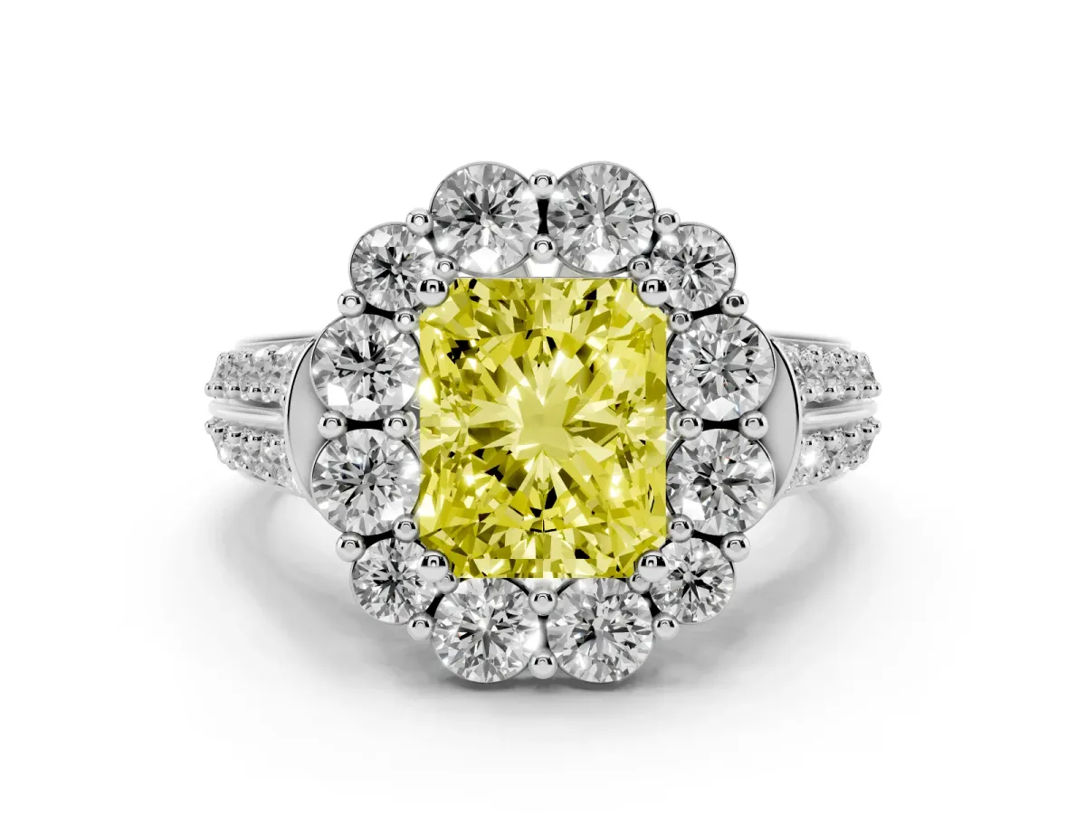 Fancy Yellow Radiant Cut Halo Diamond Engagement Ring with Split Shank and Prong Setting Silver