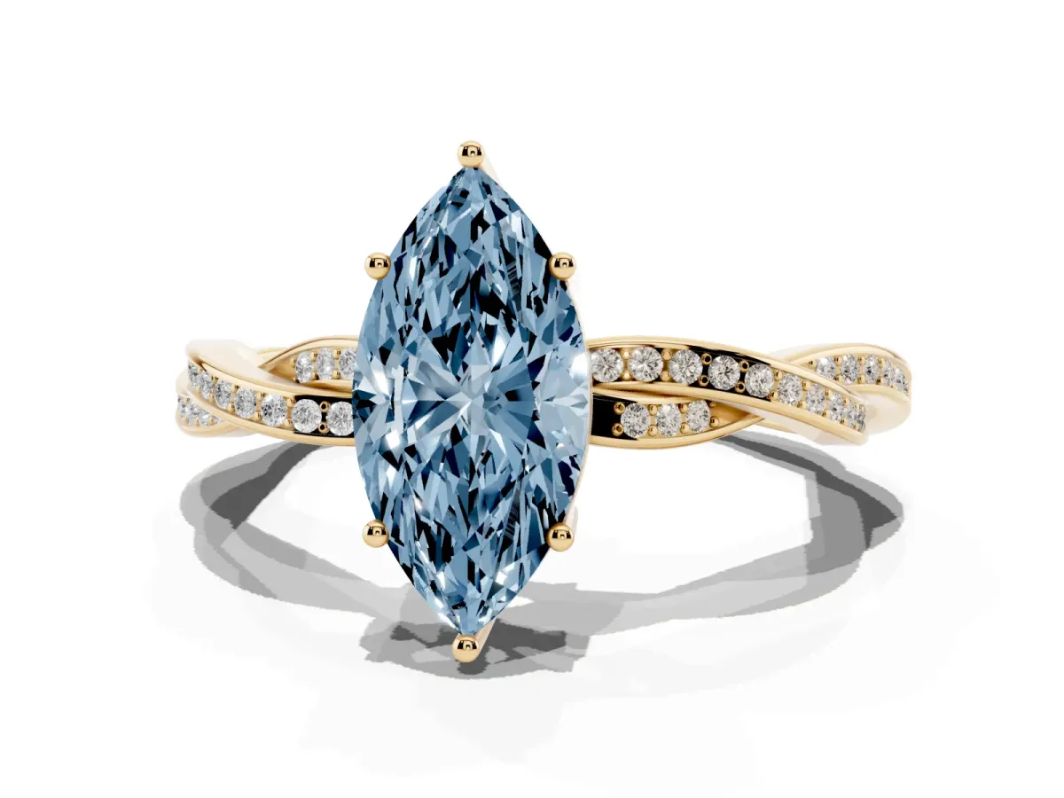 Fancy Blue Marquise Cut Solitaire Twisted Pave Diamond Ring with Four-Prong Setting Yellow gold