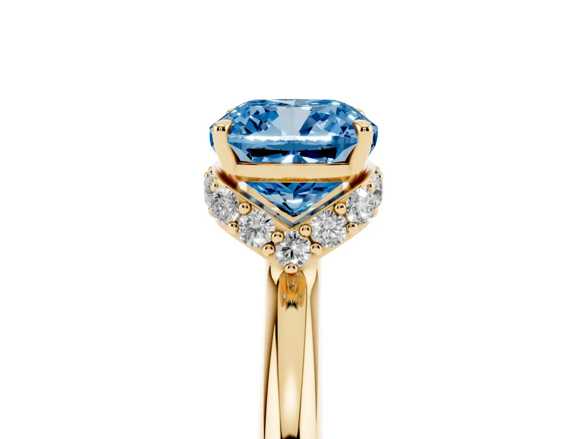 Fancy Blue Cushion Cut Brilliant Solitaire Engagement Ring with Six-Prong Setting and Classic Band Yellow gold