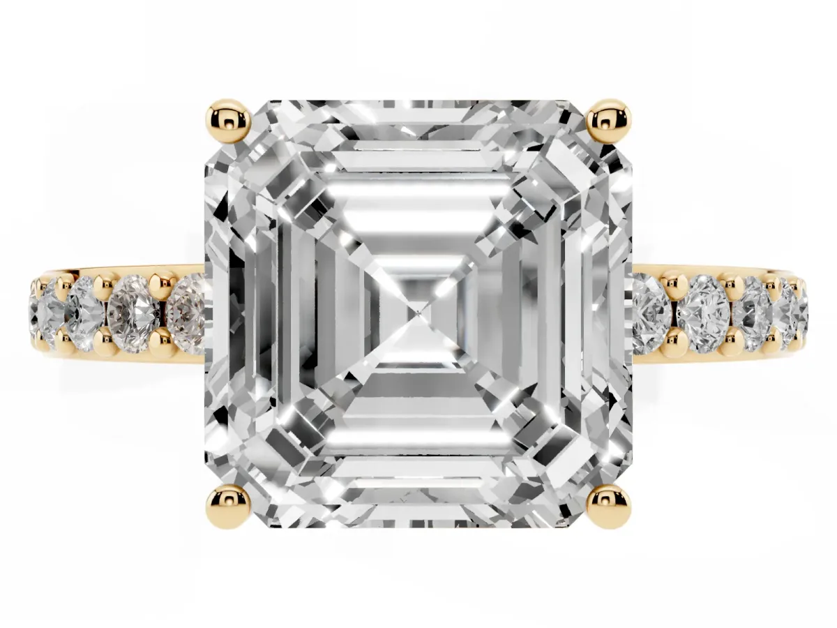 Asscher Cut Cut Diamond Solitaire with Pave Band and Four-Prong Setting Yellow gold