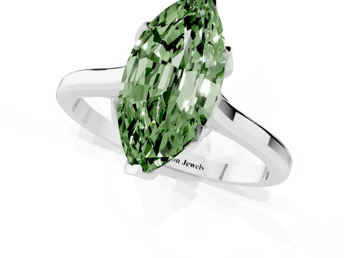 Fancy Green Marquise Cut Diamond Solitaire Ring with Flower Prong Setting and Classic Band Silver