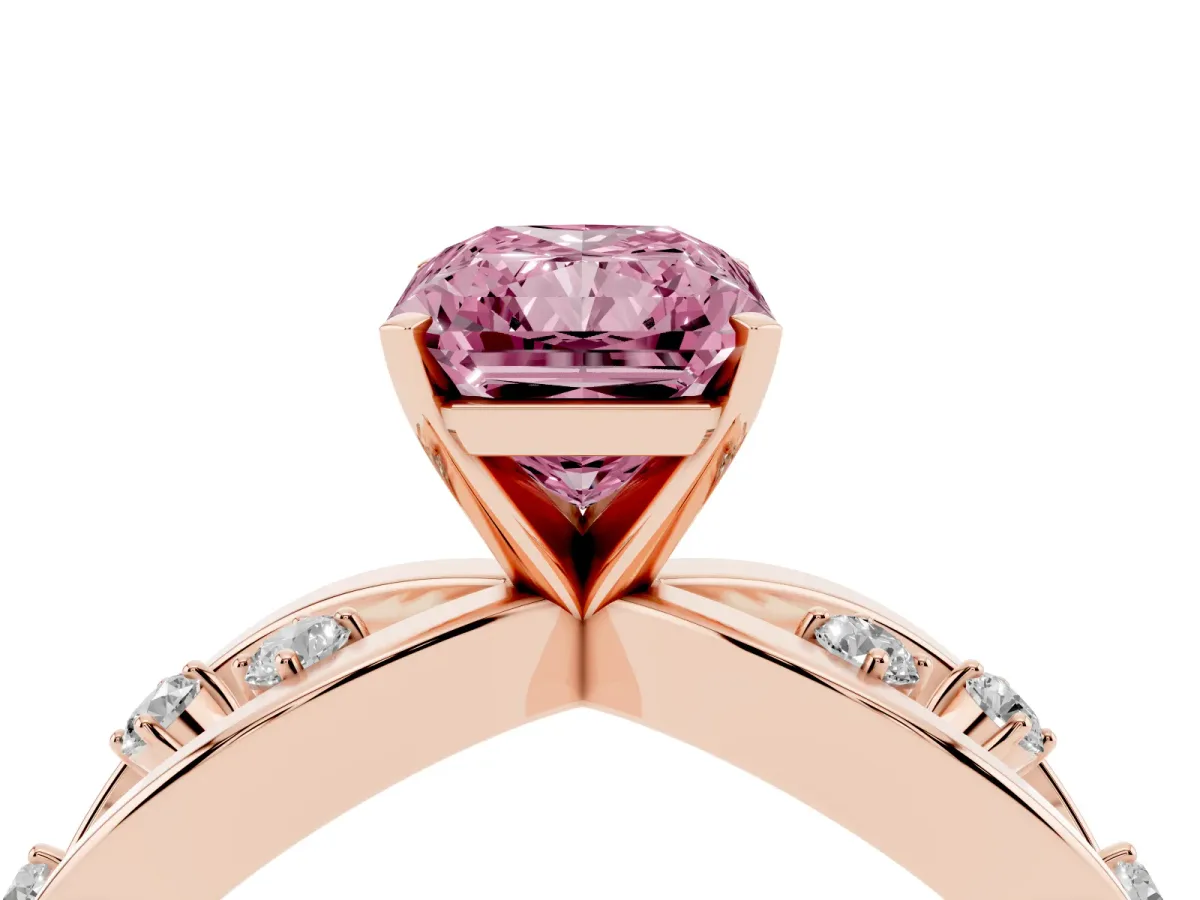 Fancy Pink Radiant Cut Cut Solitaire Diamond with Side Stones on Criss-Cross Band and Four-Prong Setting Rose gold