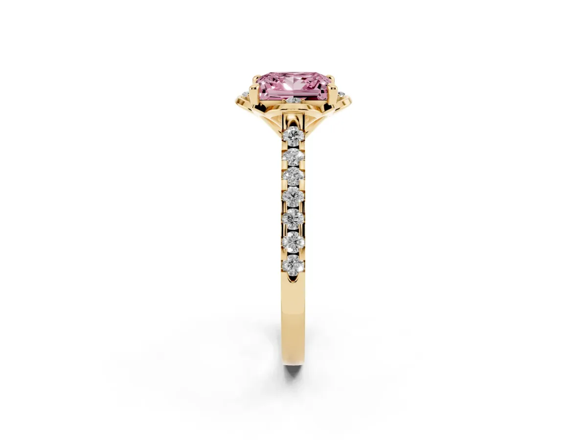 Fancy Pink Princess Cut Diamond Ring with Pavé Band and Floral Prong Setting Yellow gold