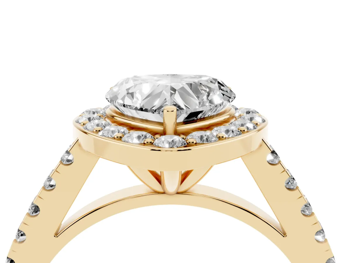 Heart Cut Diamond Halo Ring with Round Pavé Split Shank and Prong Setting Yellow gold
