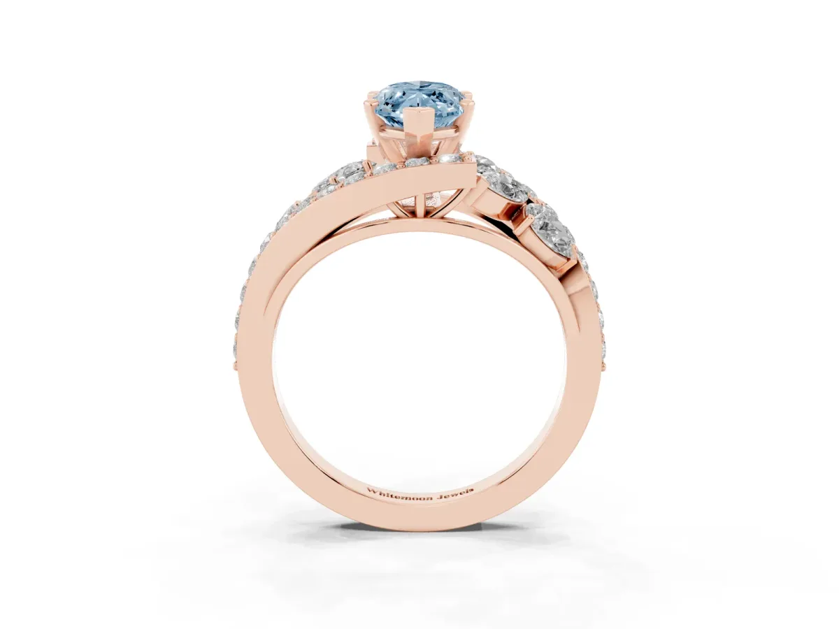 Fancy Blue Marquise Cut Diamond Halo Ring with Marquise and Pavé Band in Prong Setting Rose gold