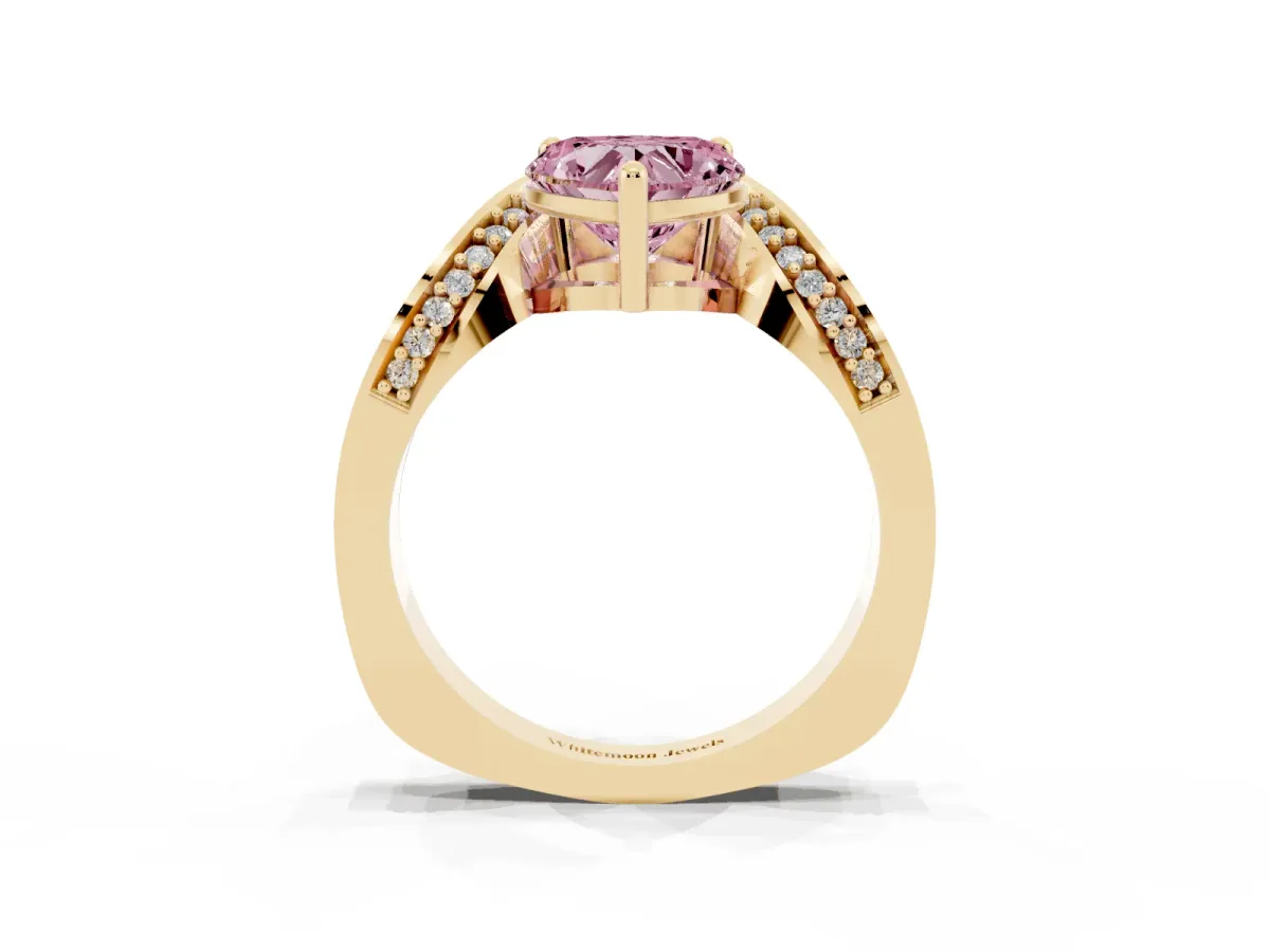 Fancy Pink Heart Cut Solitaire Diamond Engagement Ring with Pave Band and Four-Prong Setting Yellow gold
