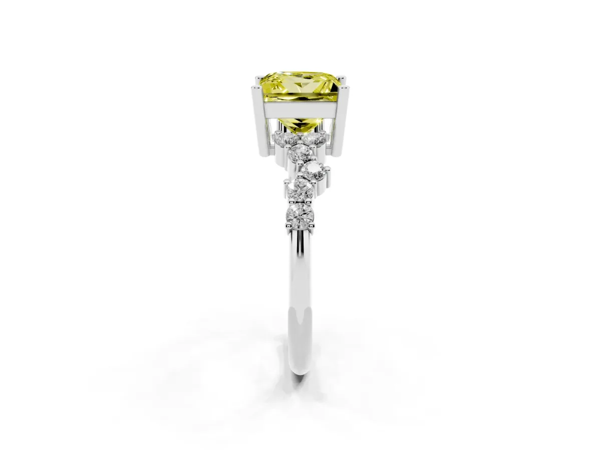 Fancy Yellow Princess Cut Diamond Scattered Round Accent Ring with Prong Setting Silver