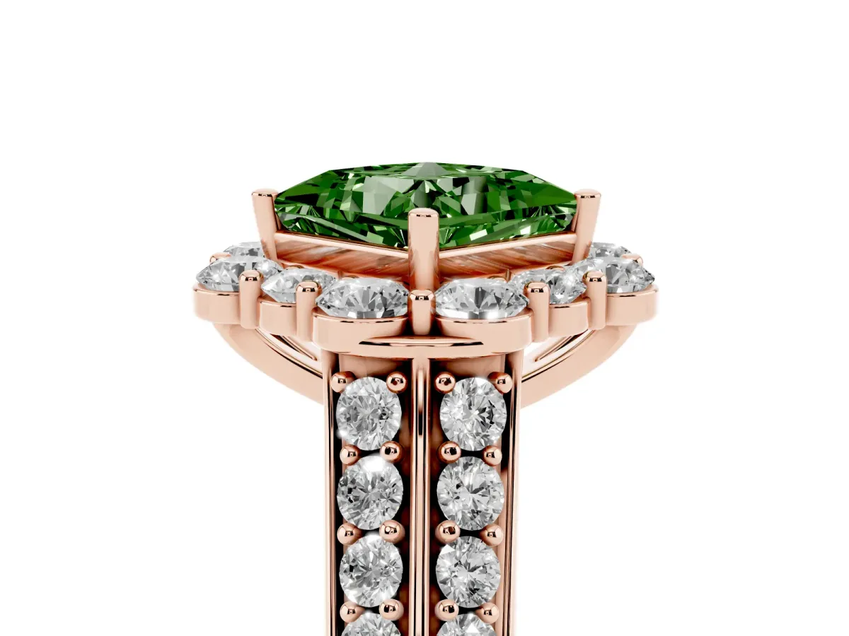 Fancy Green Princess Cut Halo Diamond Engagement Ring with Split Shank and Prong Setting Rose gold