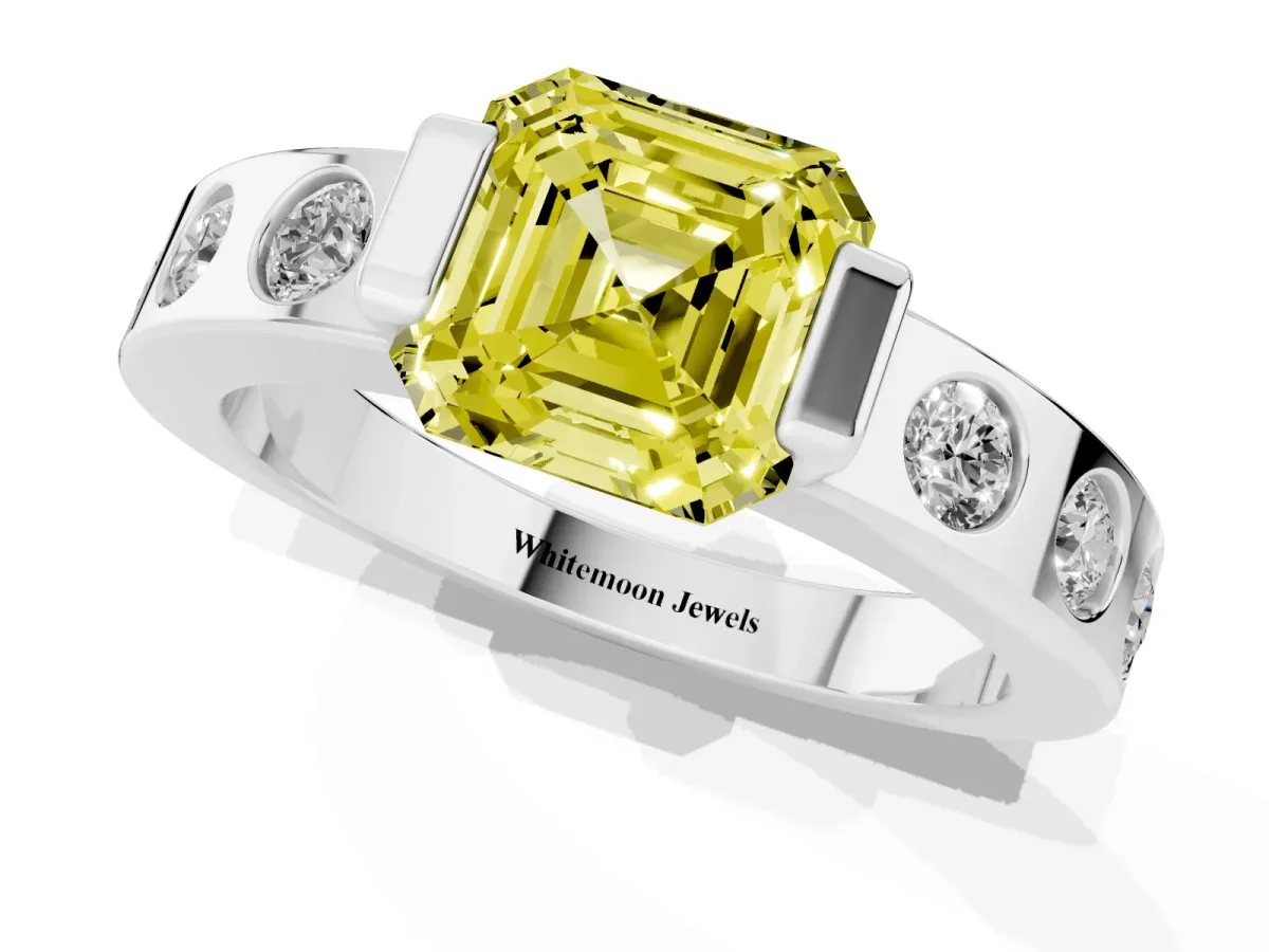 Fancy Yellow Asscher Cut Brilliant Channel-Set Diamond Ring with Bezel Prong Setting Platinum