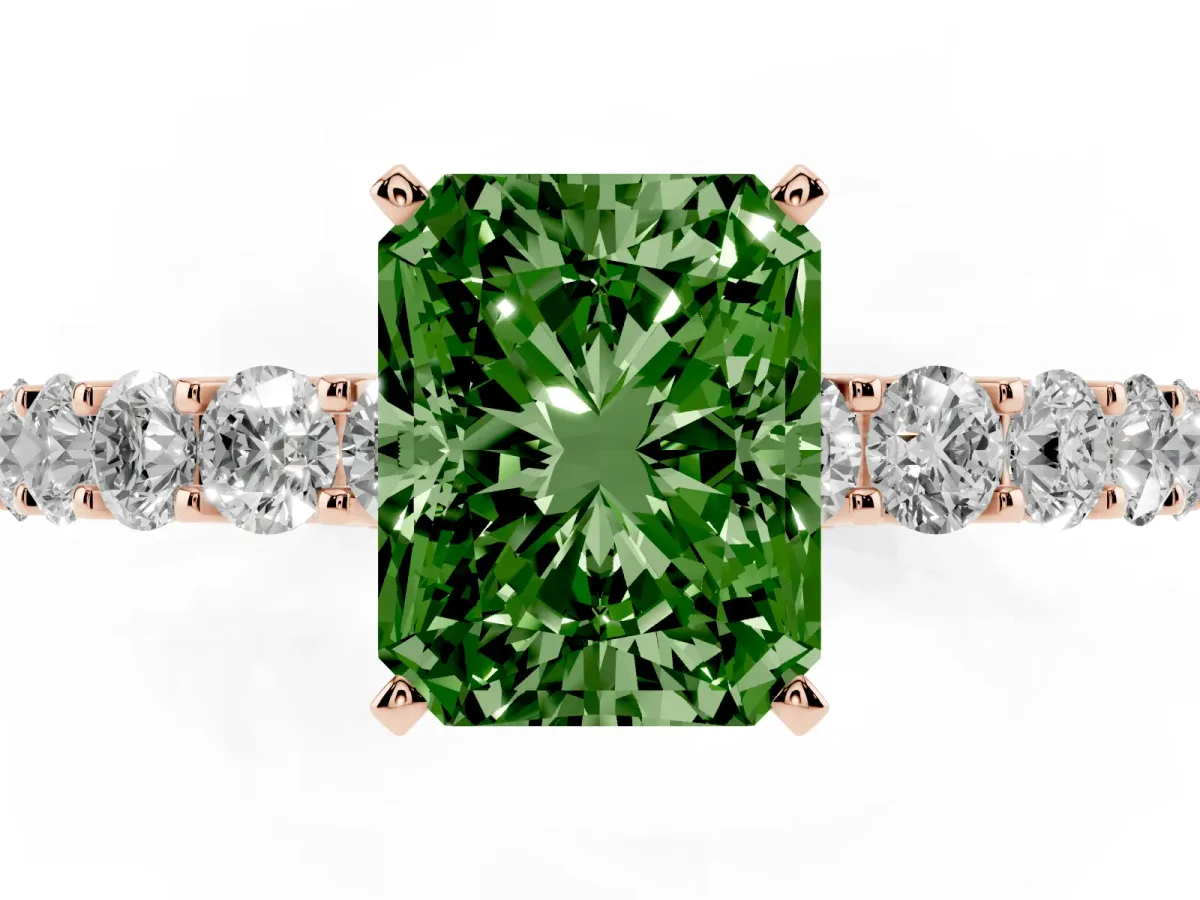 Fancy Green Radiant Cut Diamond Solitaire Ring with Shared Prong Pavé Band and Four-Prong Setting Rose gold