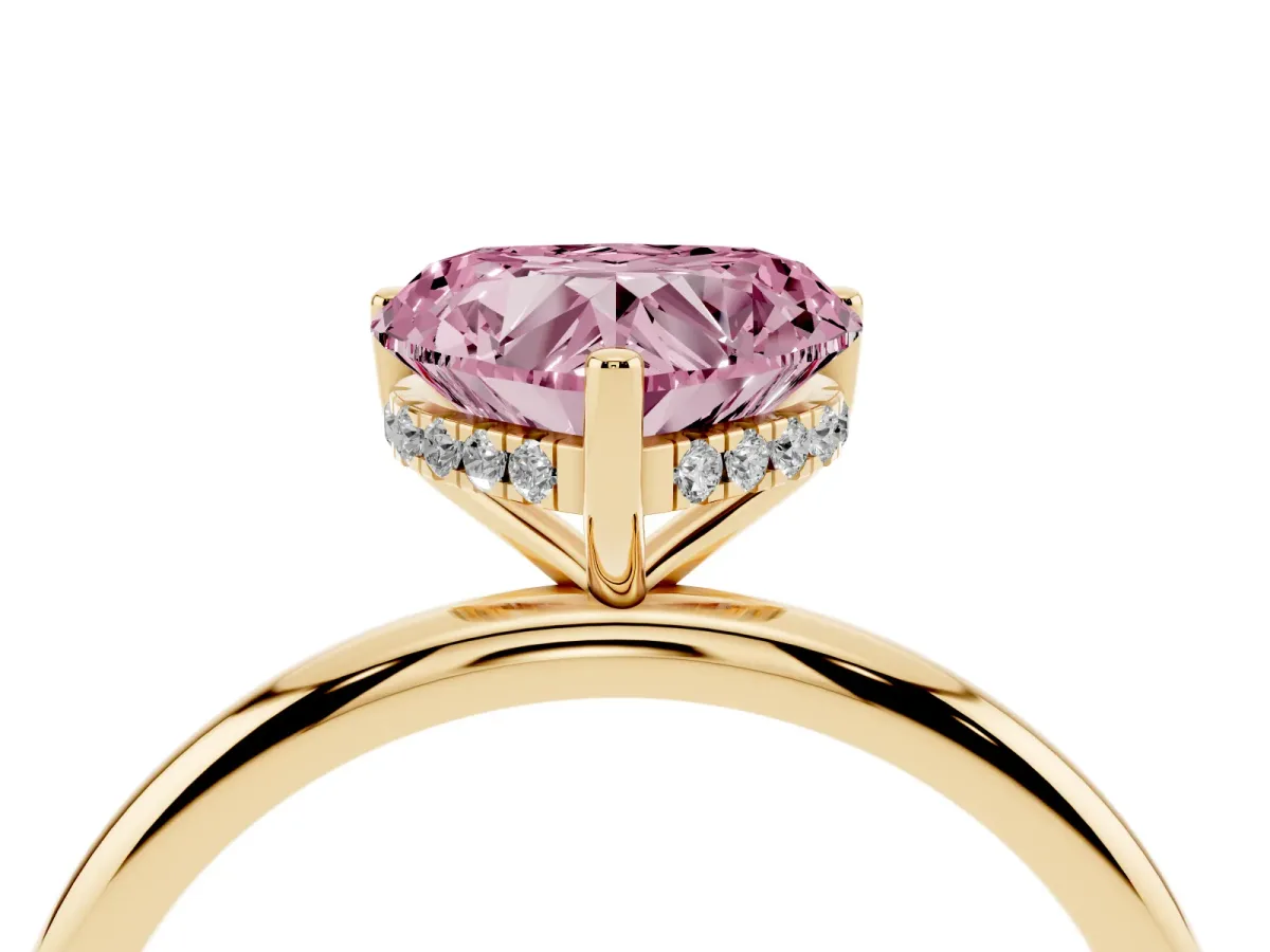 Fancy Pink Heart Cut Cut Solitaire Engagement Ring with Four-Prong Setting and Classic Band Yellow gold