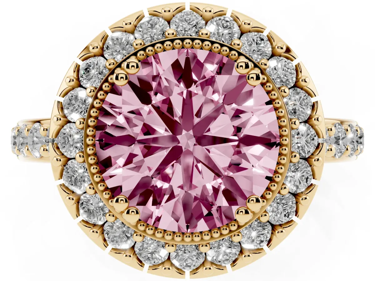 Fancy Pink Round Cut Diamond Halo Ring with Pavé Band and Prong Setting Yellow gold