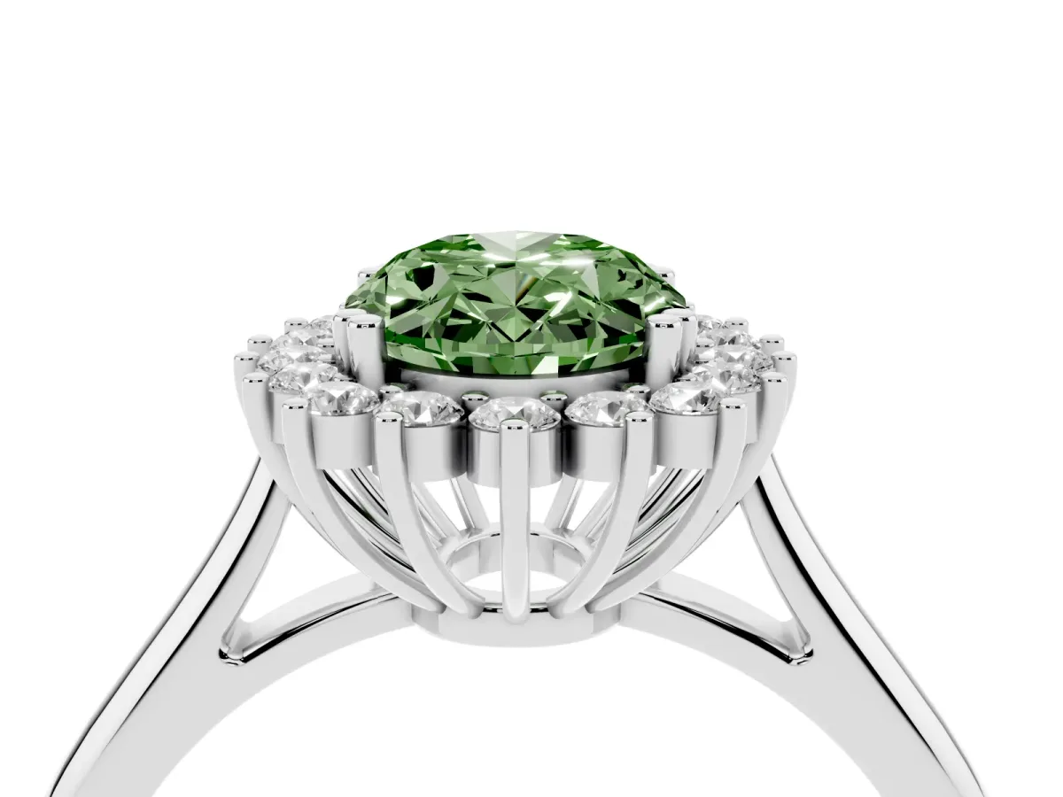 Fancy Green Oval Cut Cut Diamond Halo Ring with Solitaire Band and Prong Setting Platinum